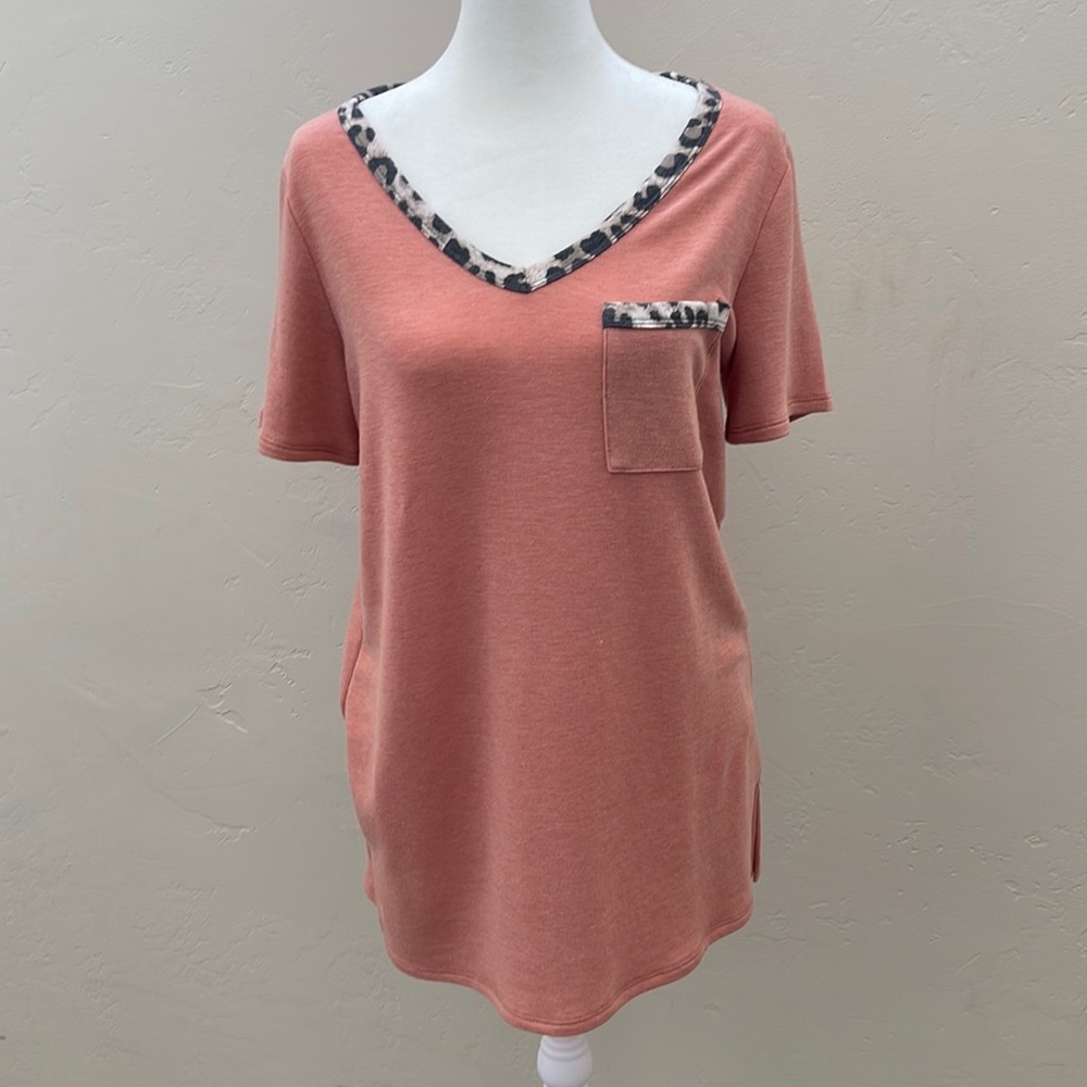 First Love by Lovelyn V neck t shirt with animal print accents